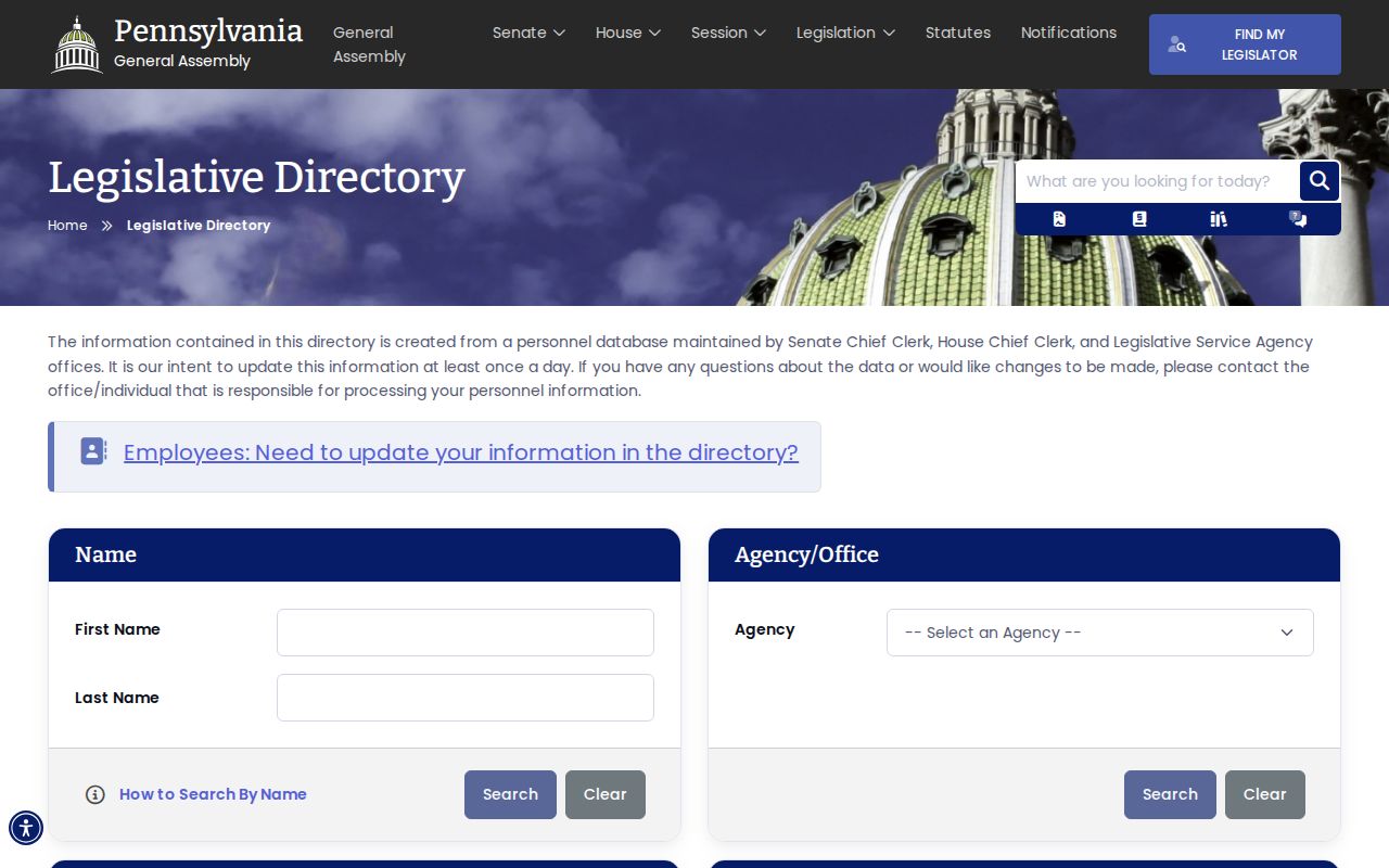 Pennsylvania General Assembly legislative directory search fields in the Pennsylvania phone directory