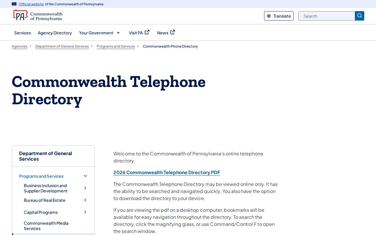 Commonwealth Telephone Directory page in the Pennsylvania phone directory for state agency numbers