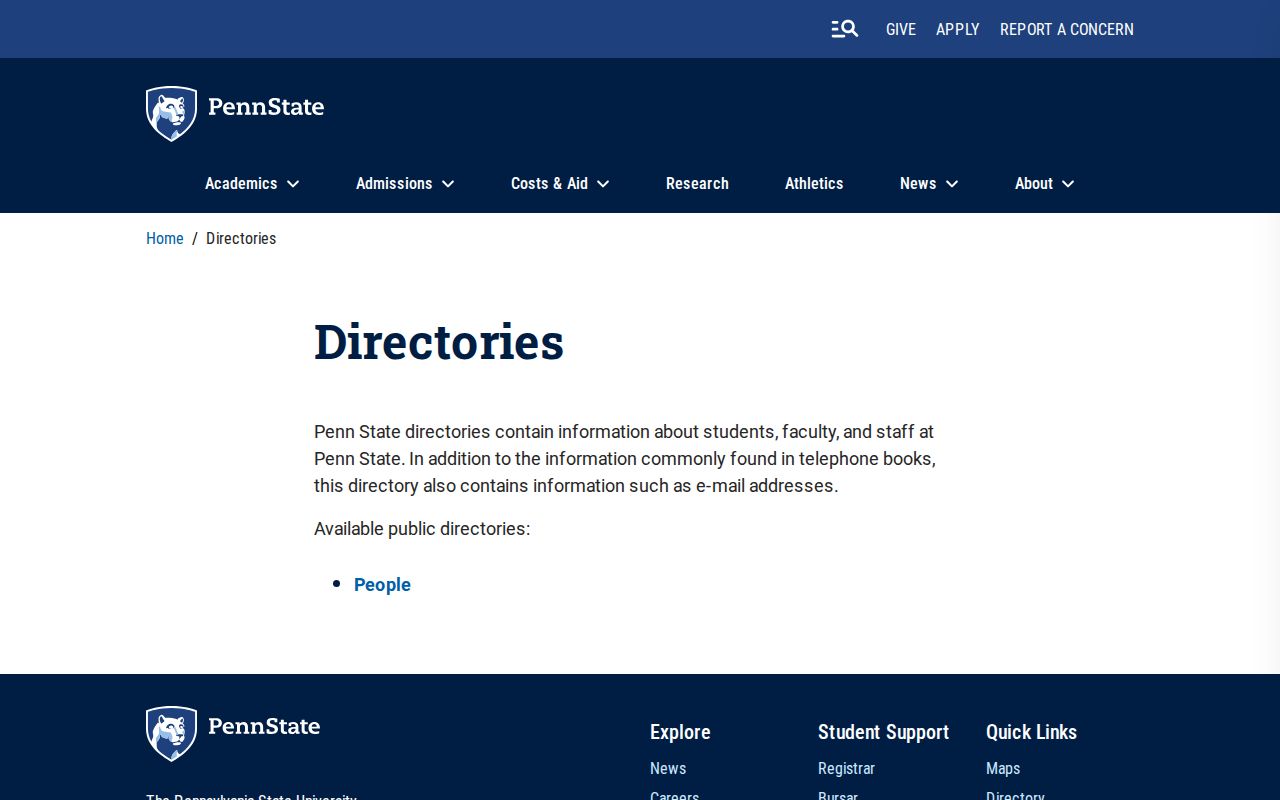 Penn State directory gateway used for Pennsylvania phone directory lookups of campus staff