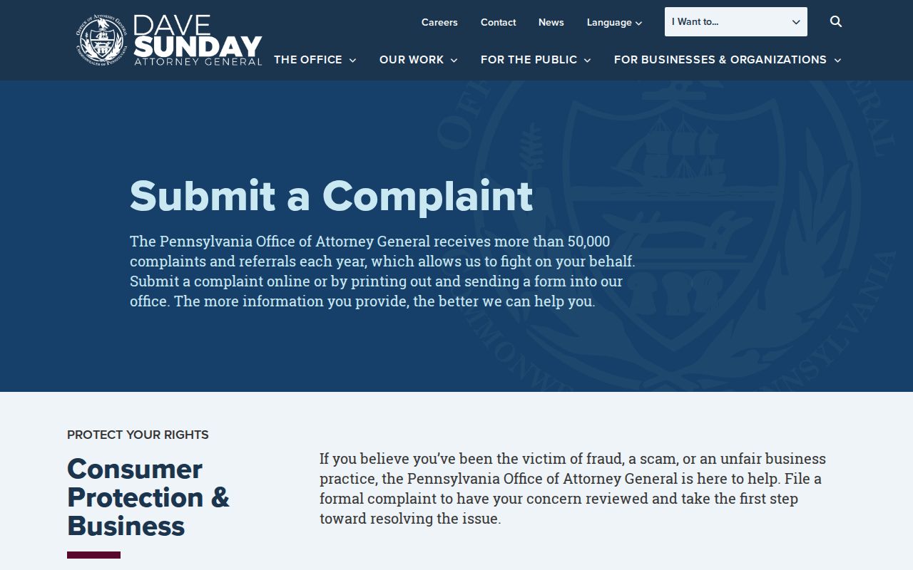 Pennsylvania Attorney General complaint page used to report scam calls found in the Pennsylvania phone directory