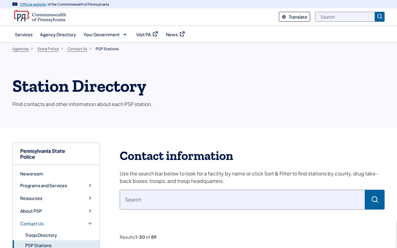 Pennsylvania State Police station directory listing phone numbers for the Pennsylvania phone directory