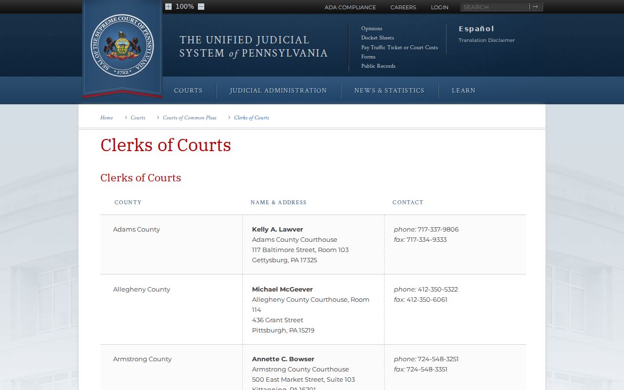 Unified Judicial System county clerks of courts directory in the Pennsylvania phone directory