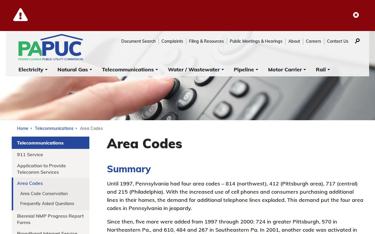Pennsylvania area code map and regional overlay summary from the state Public Utility Commission