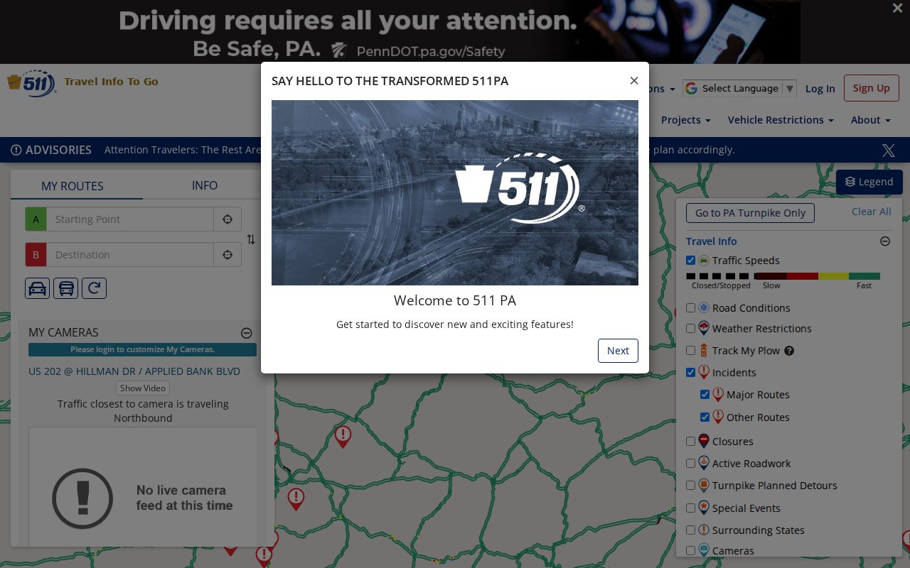 511PA traffic map behind the 511 travel phone code used across Pennsylvania