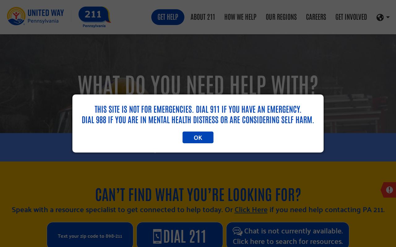 PA 211 statewide search page behind the 211 phone code in Pennsylvania