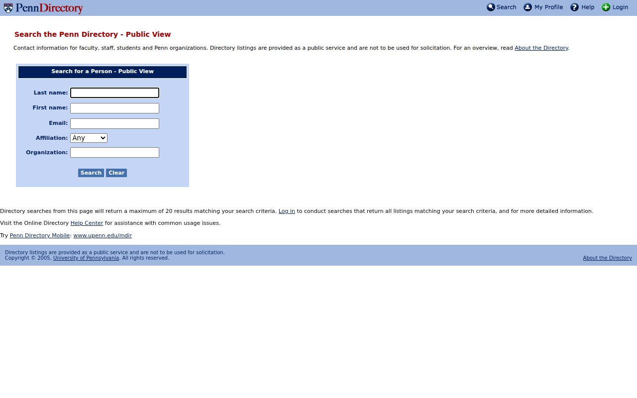 Penn Directory public search page used for Pennsylvania phone numbers on campus