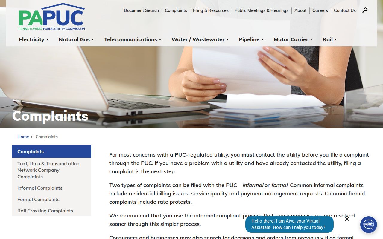 Pennsylvania Public Utility Commission complaint page listing consumer hotline phone numbers