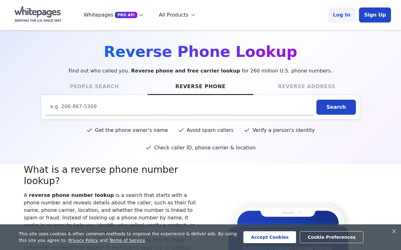 Whitepages reverse phone search page for checking unknown Pennsylvania phone numbers